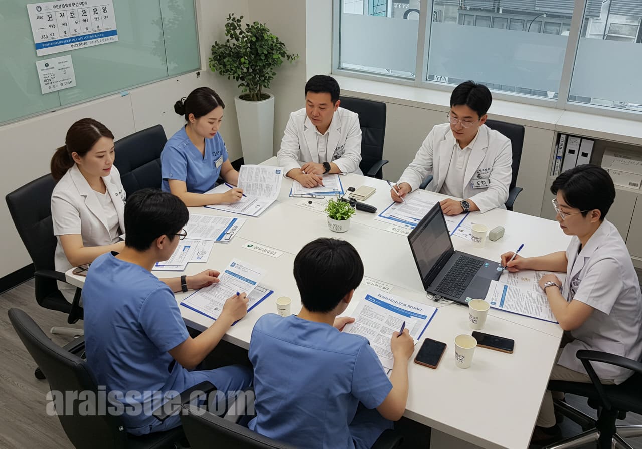 현대식 보건 정책 회의실에서 관계자들이 임플란트 개수 확대 관련 자료를 검토하고 있습니다.
회의 테이블 위에 문서와 노트북이 펼쳐져 있으며, 발표 중인 장면입니다.