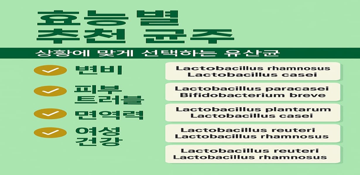 “변비, 피부 트러블, 면역력, 여성 건강 항목별로 추천 유산균 균주가 정리된 한국어 인포그래픽”