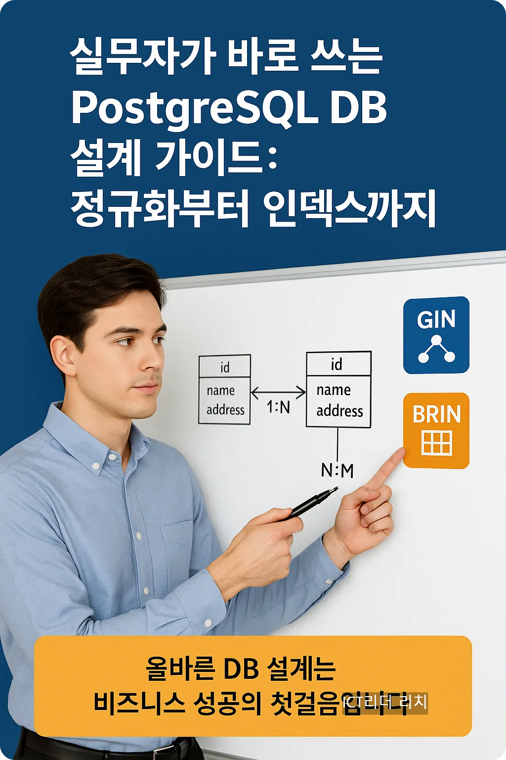 20대 남성 모델이 화이트보드에 PostgreSQL 데이터베이스 테이블 관계 다이어그램과 GIN, BRIN 인덱스를 가리키는 인포그래픽
