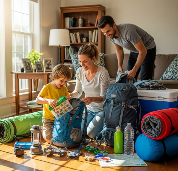 엄마 아빠 아이가 캠핑 짐을 꾸리고 있는 모습 사진
