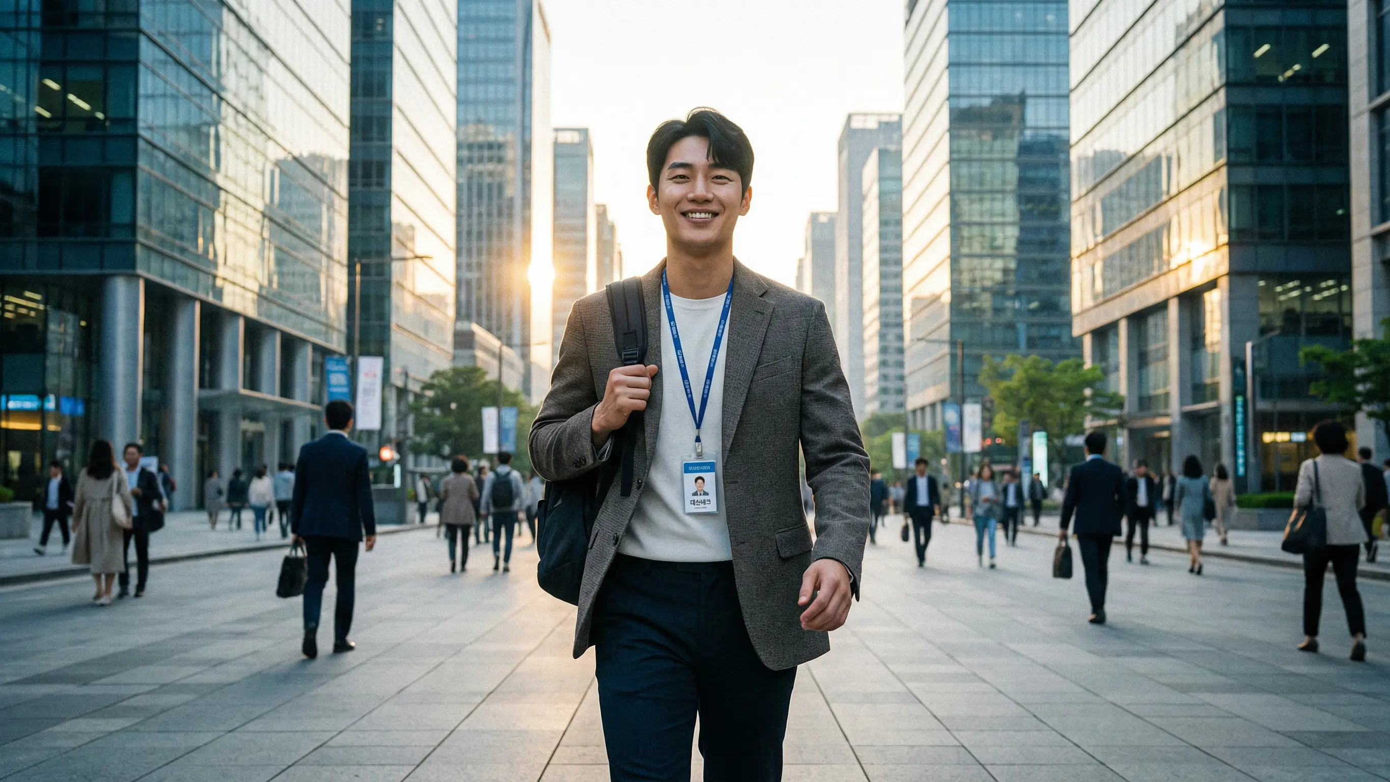 취업에 성공하여 사원증을 걸고 밝은 미래를 향해 나아가는 청년의 자신감 넘치는 모습