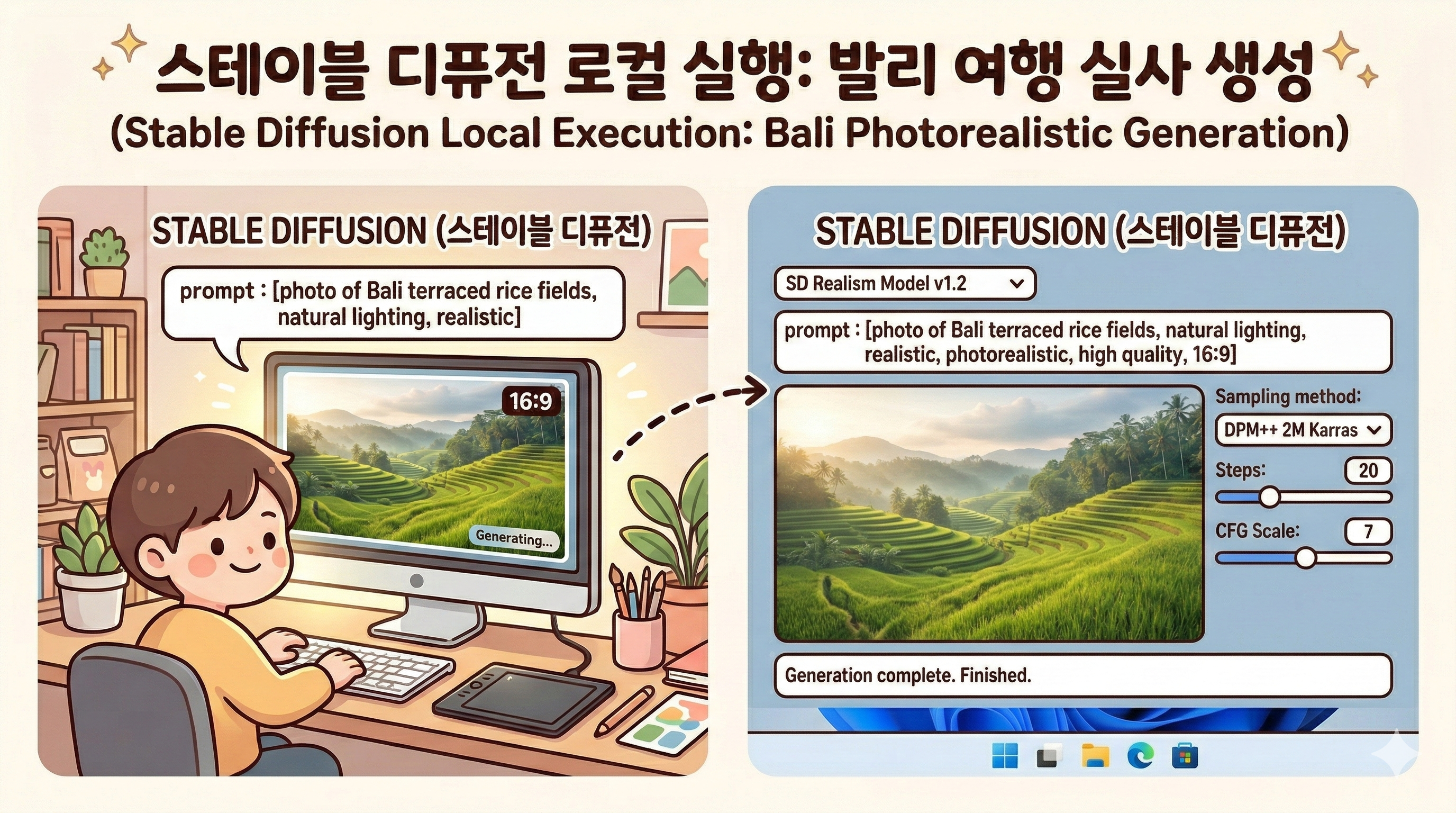 윈도우 PC에서 스테이블 디퓨전을 로컬로 실행해 여행 실사 이미지를 생성하는 작업 화면