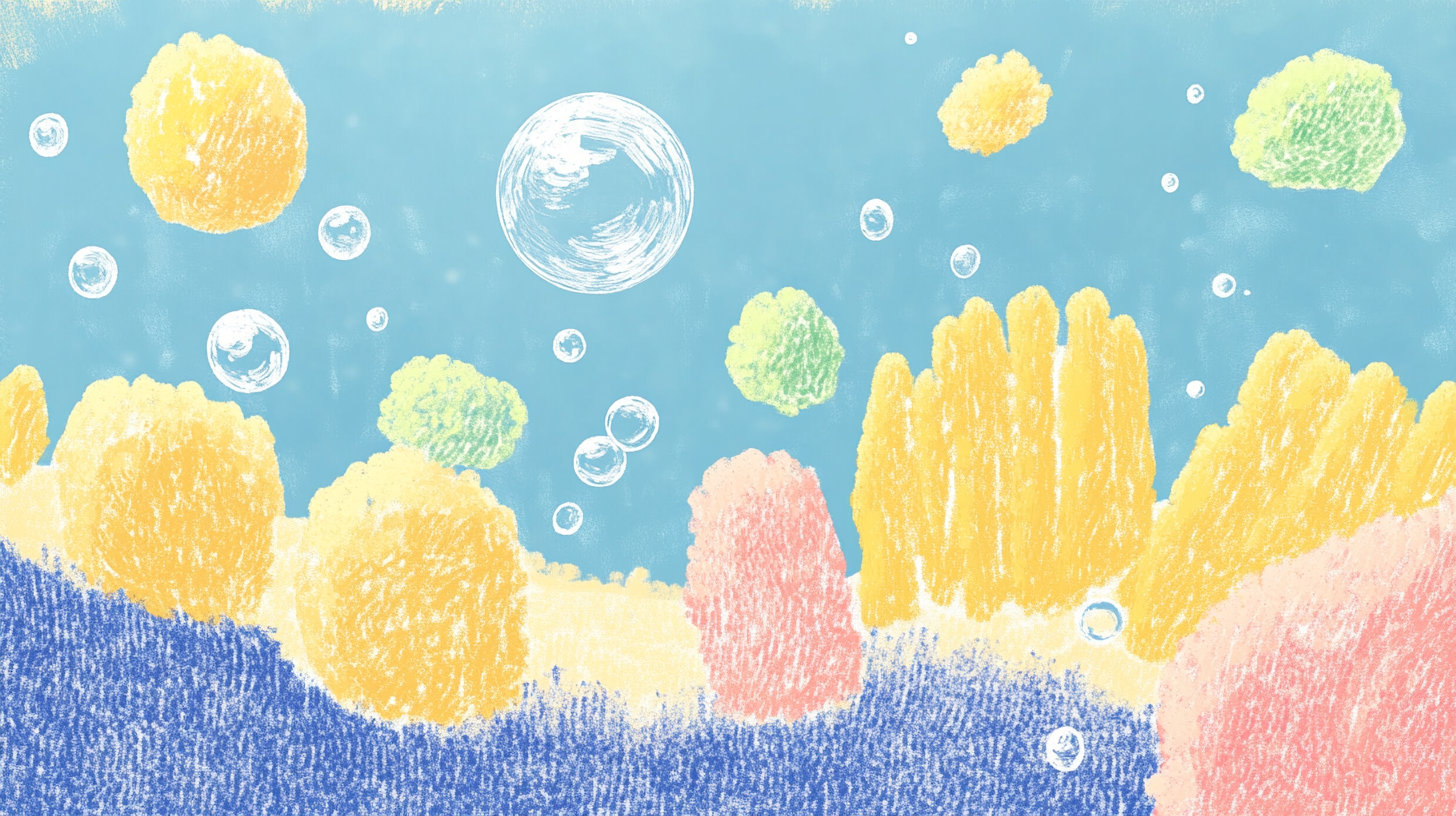 에코버블 기술이 작동하는 과정을 보여주는 그래픽적 표현으로, 생생한 색상의 자세한 거품들이 섬유와 상호 작용하는 것을 강조합니다. 교육적인 일러스트레이션으로 높은 명확성을 제공합니다.