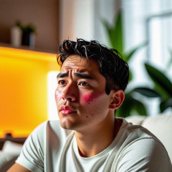 젊은 남성이 스트레스로 인한 알레르기로 피부가 벌겋게 되어 있다.