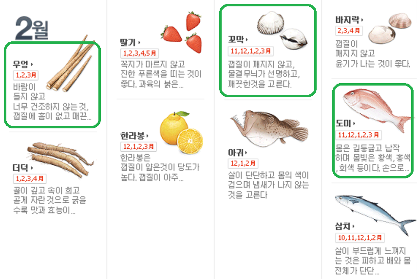 2월제철음식 우엉, 꼬막, 도미