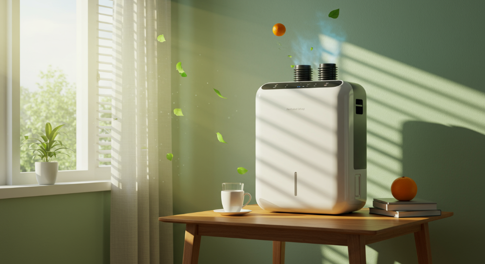 쾌적한 거실에 최적의 위치에 설치된 현대적인 제습기. 벽에서 30cm 이상 떨어져 1m 높이 탁자 위에 놓여 있으며, 창문이 살짝 열려 있어 환기를 암시합니다.