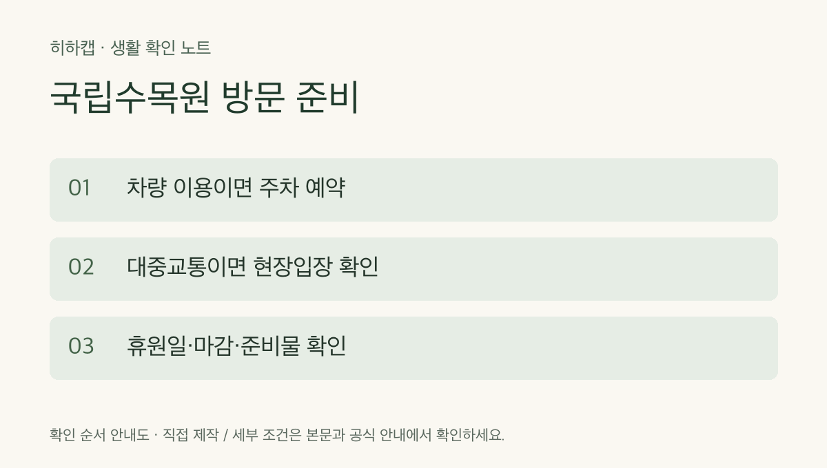 국립수목원 방문 준비: 이동수단에 따른 예약, 휴원일과 입장 마감, 준비물 확인