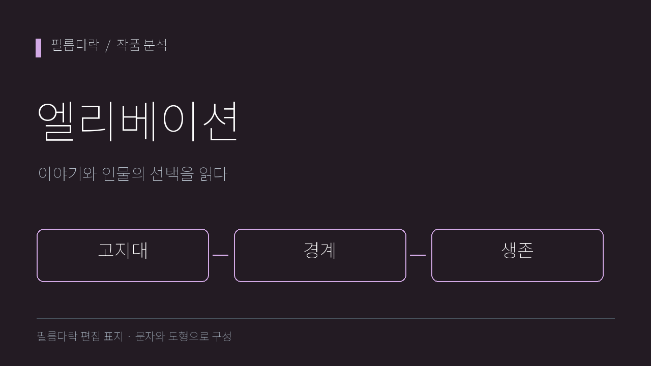 어두운 바탕에 엘리베이션 작품명을 크게 쓰고 고지대, 경계, 생존 세 분석 주제를 선으로 연결한 필름다락 자체 편집 표지.