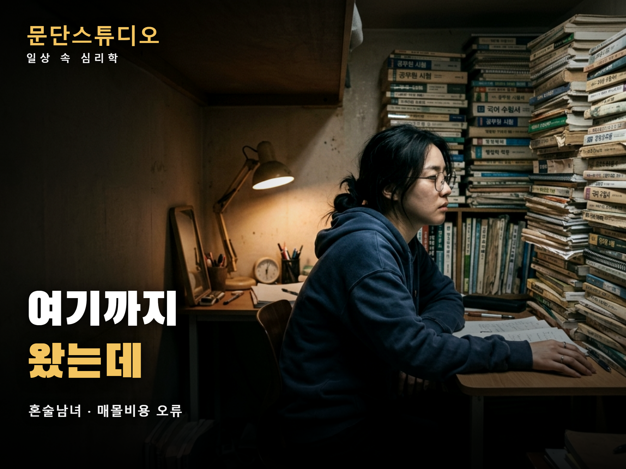 낡은 문제집 더미 앞에 앉아 멍한 사람, 혼술남녀 노량진으로 보는 매몰비용 오류