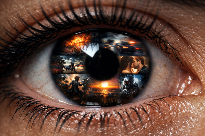 빠른 화면 전환에 몰입하여 확장된 시청자의 동공