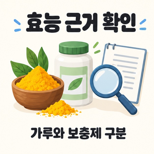 식용 강황가루와 커큐민 보충제의 연구 근거를 확인하는 일러스트