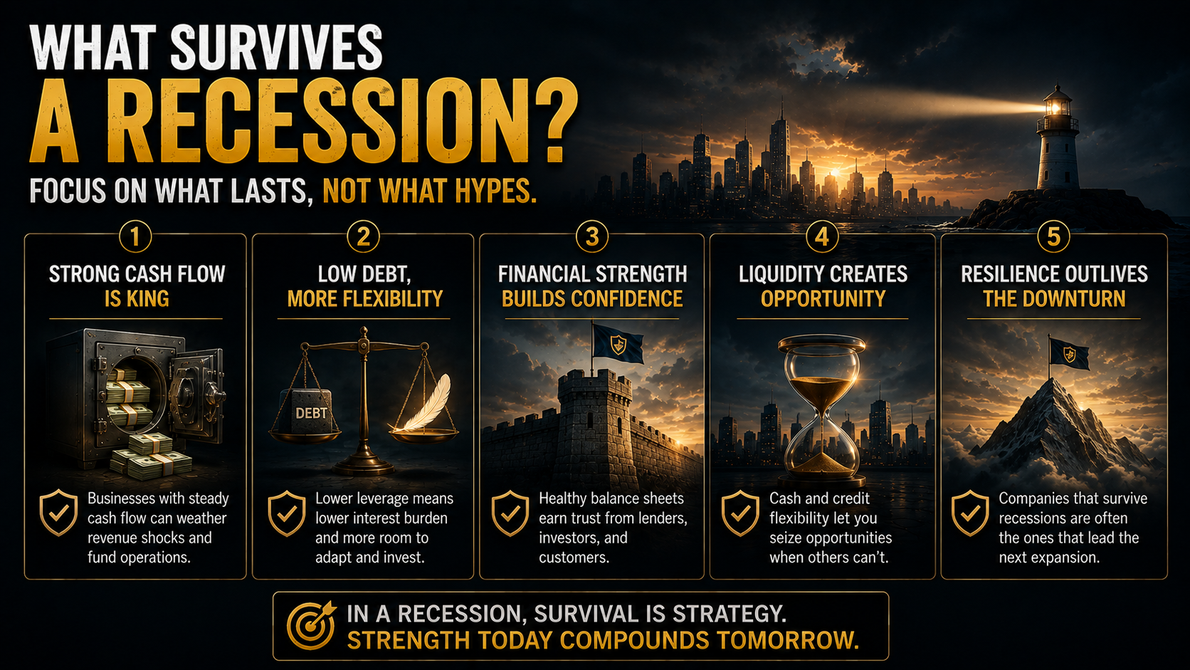 Recession investing fundamentals including cash flow low debt liquidity financial strength and resilience