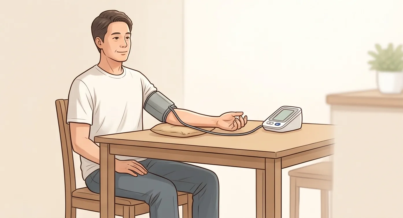 의자에 바르게 앉아 팔받침을 대고 올바른 자세로 혈압을 측정하는 남성