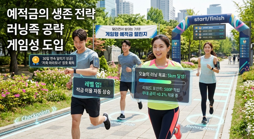 예적금의 생존 전략. 러닝족 공략, 게임성 도입 이미지화시켜줘