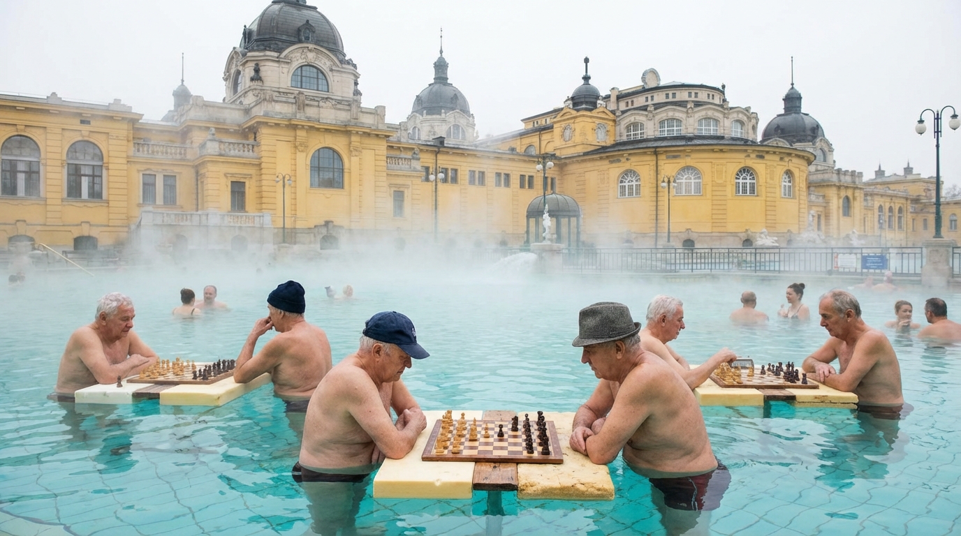 부다페스트 세체니 온천 야외 수영장에서 체스를 두는 사람들
