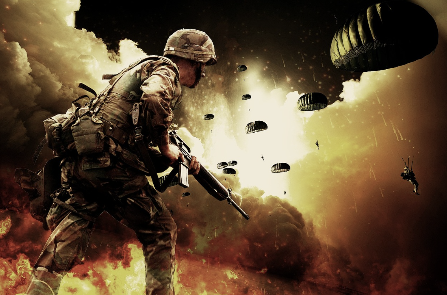 포탄을 속을 뛰어가는 군인