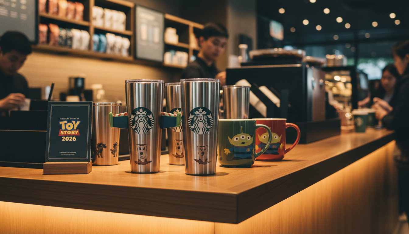 2026 스타벅스 토이스토리 콜라보 한정판 MD 텀블러와 머그컵 진열 모습