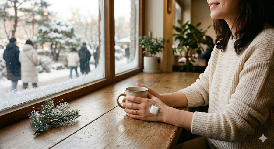 뇌수막종 수술 후 MRI 검사를 마친 뒤 병원 근처에서 휴식 중인 중년 여성의 모습