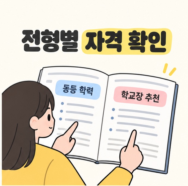 전형별 자격 확인이라는 제목 아래 지원자가 모집요강의 동등 학력과 학교장 추천 항목을 손가락으로 짚는 모습