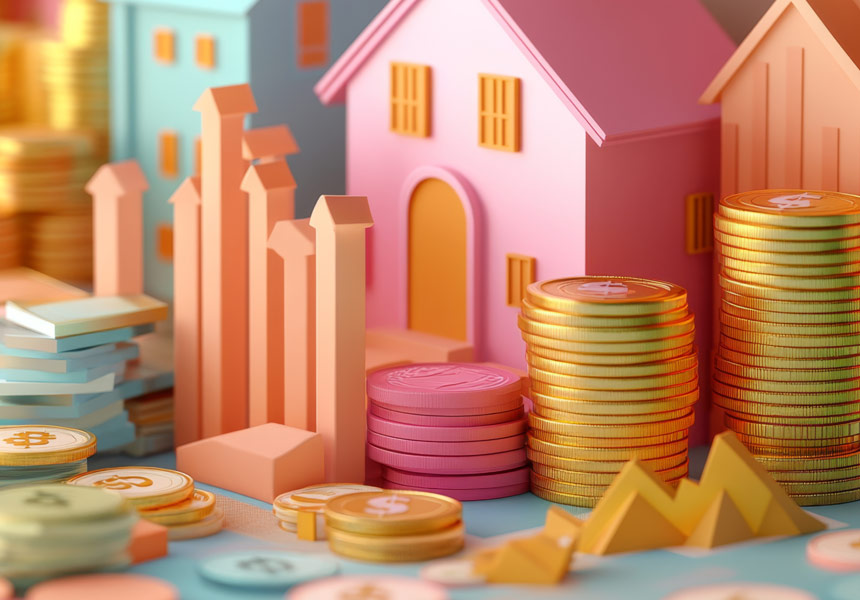 건물 모형과 동전 더미로 표현한 연휴 지출과 자산 관리 개념 이미지