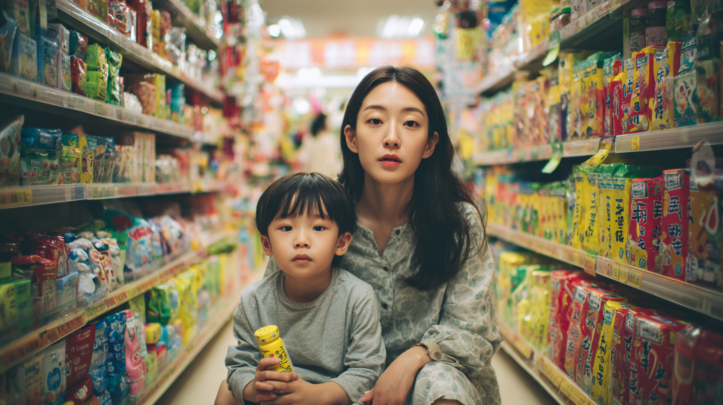 성장보조제를 바라보며 의심스러운 표정을 짓는 한국 엄마