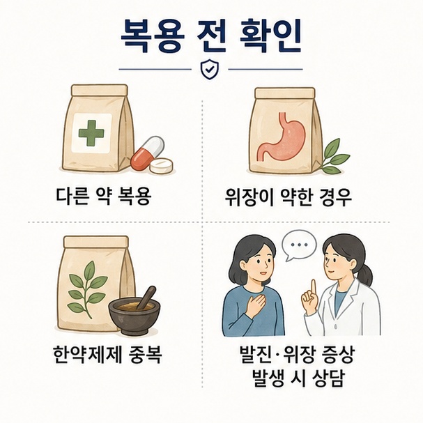 경옥고 복용 전 다른 약 복용 여부, 위장 상태, 한약제제 중복을 확인하고 발진이나 위장 증상이 나타나면 상담해야 한다는 그림