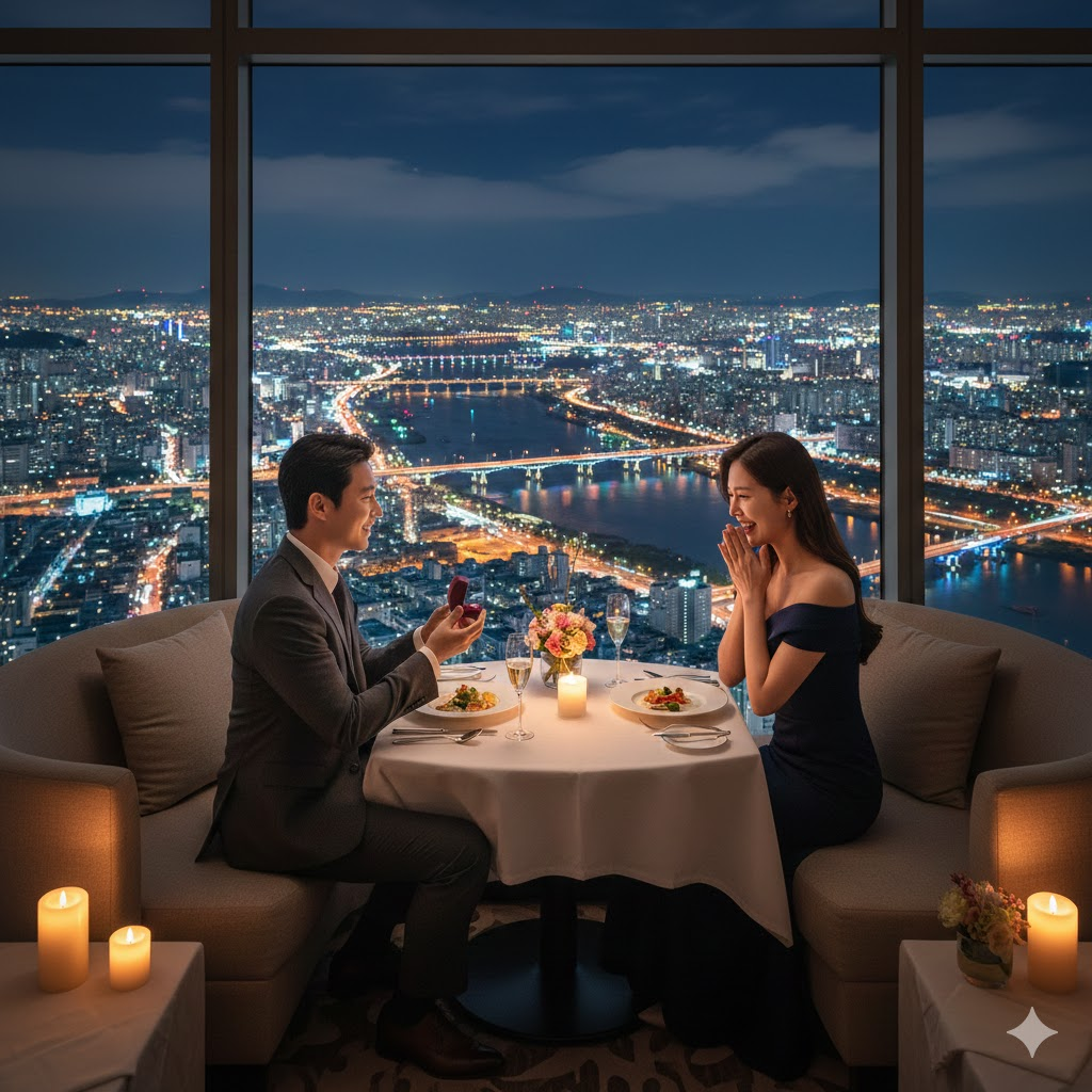 고층 빌딩 위에서 프로포즈하는 남자