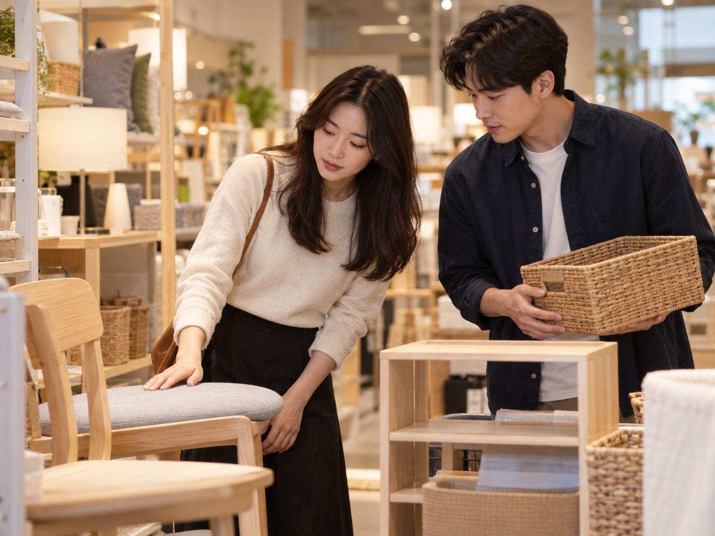숙소에 사용할 가구와 수납용품을 고르는 모습
