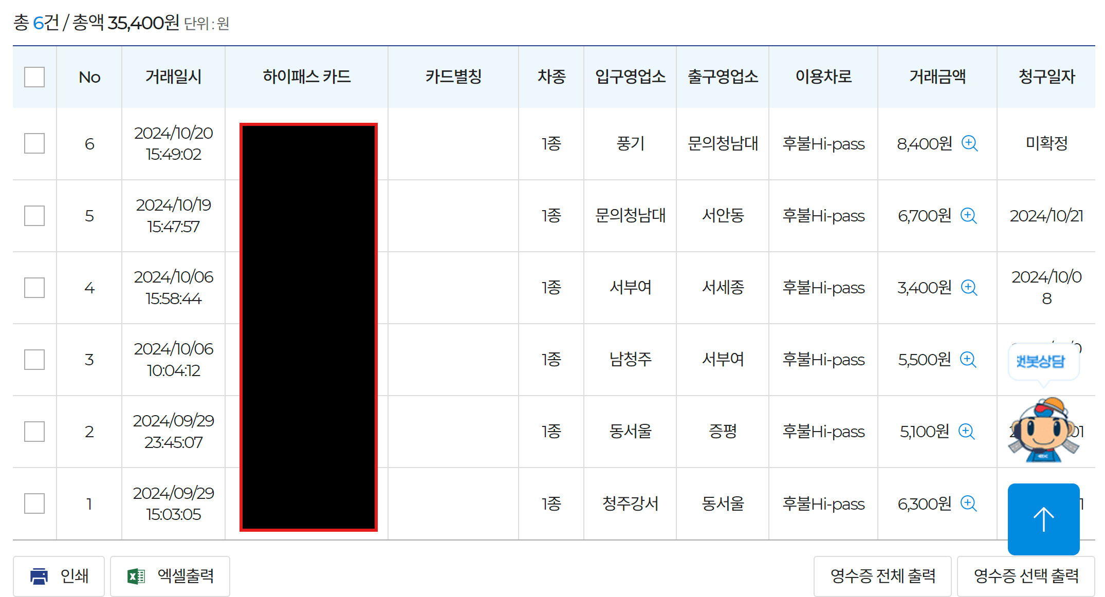 하이패스 사용내역 미납요금 조회