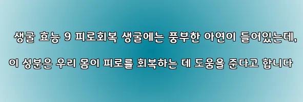  생굴 효능 9 피로회복 생굴에는 풍부한 아연이 들어있는데, 이 성분은 우리 몸이 피로를 회복하는 데 도움을 준다고 합니다