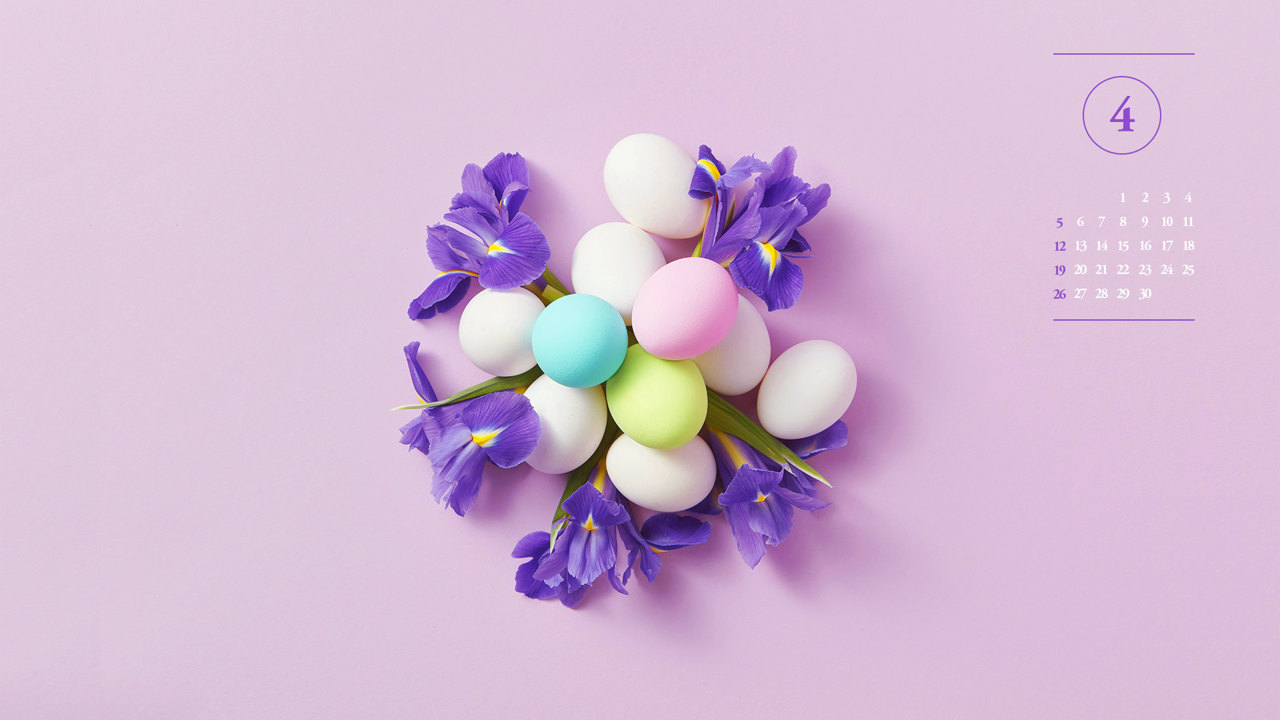 04 보라색꽃과 파스텔톤 계란 A - 2026년4월 달력배경화면