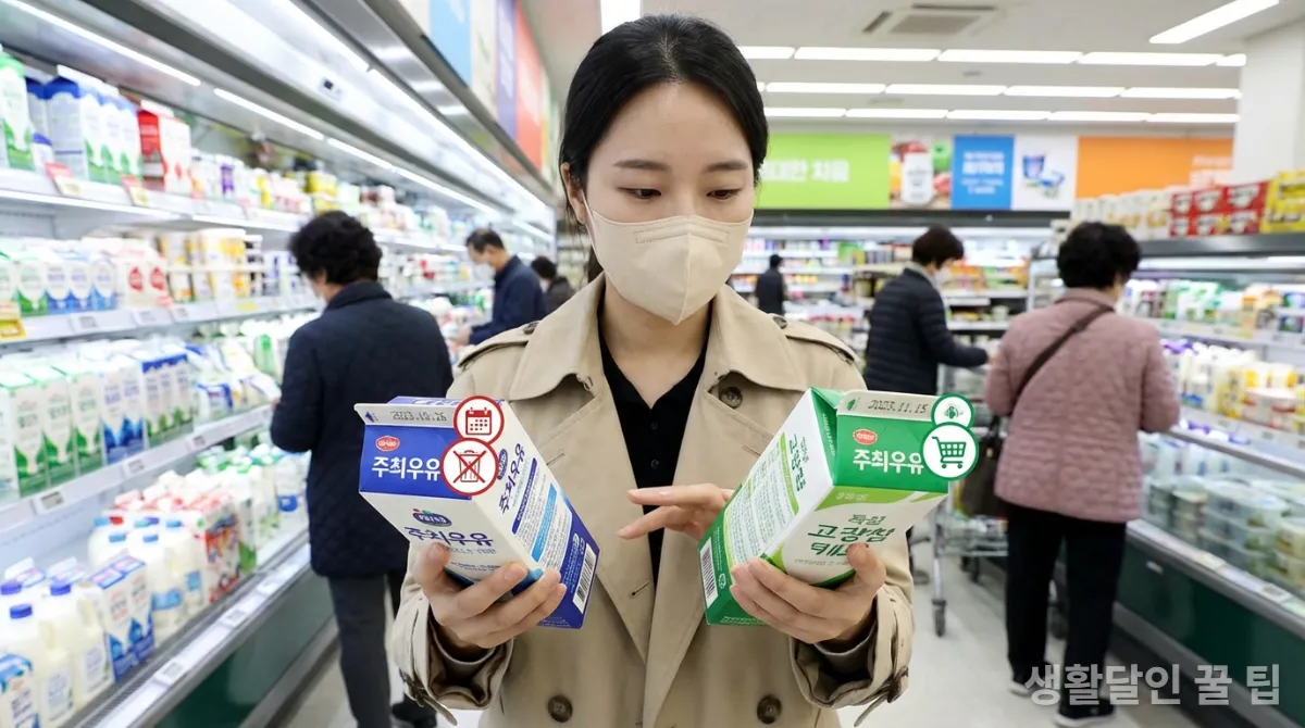 한국 슈퍼마켓에서 유통기한과 소비기한이 표시된 우유 팩을 비교하는 모습