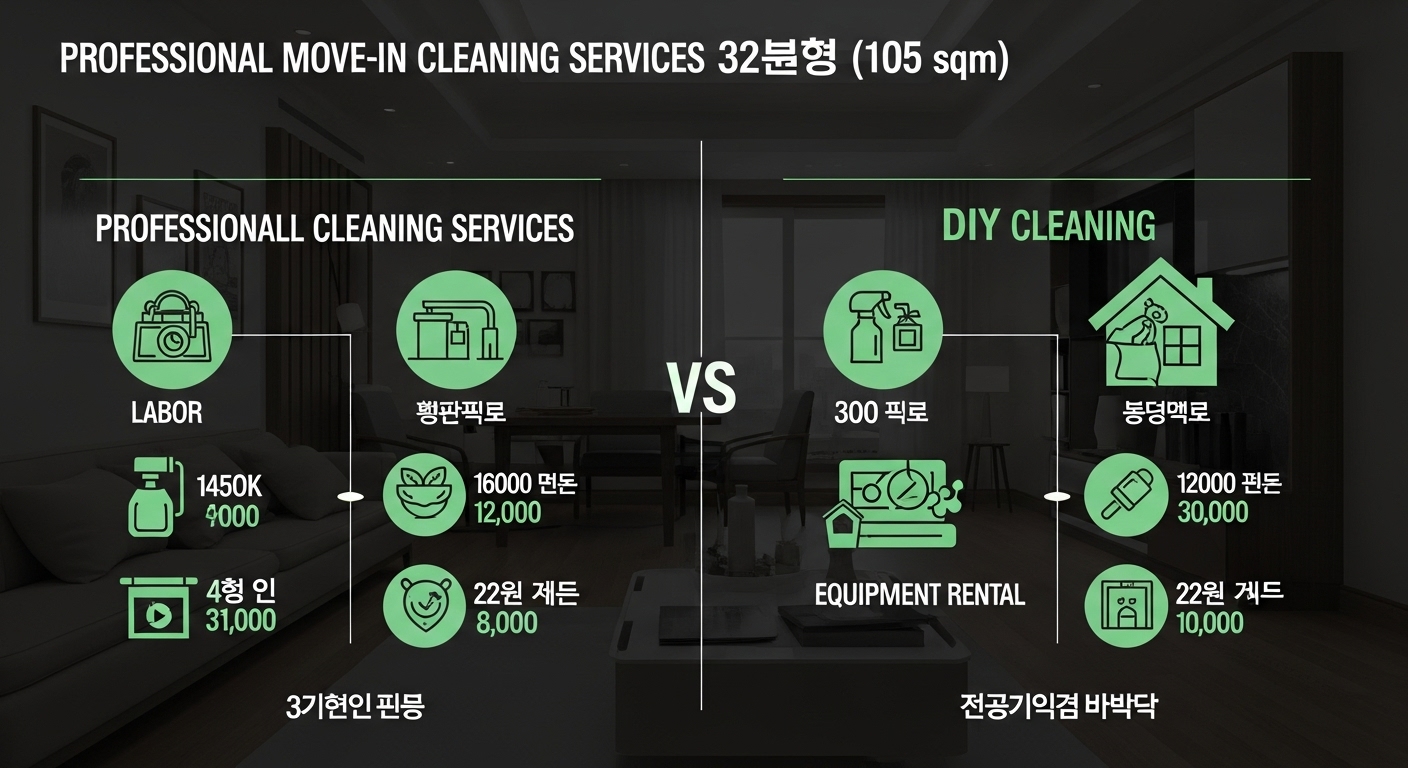 2025년 기준 전문 입주 청소와 셀프 입주 청소 비용을 비교하는 인포그래픽.