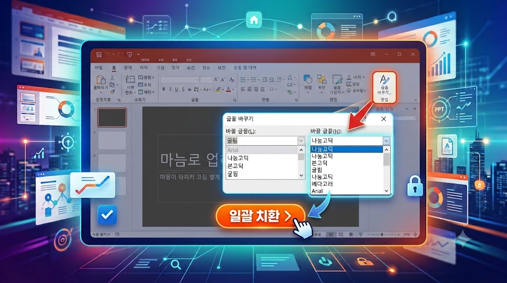 파워포인트 리본 메뉴의 바꾸기 항목에서 글꼴 바꾸기 대화창을 띄워 서체를 변경하는 화면