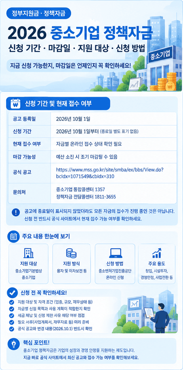 2026 중소기업 정책자금 신청 기간과 마감 여부 및 온라인 신청 방법