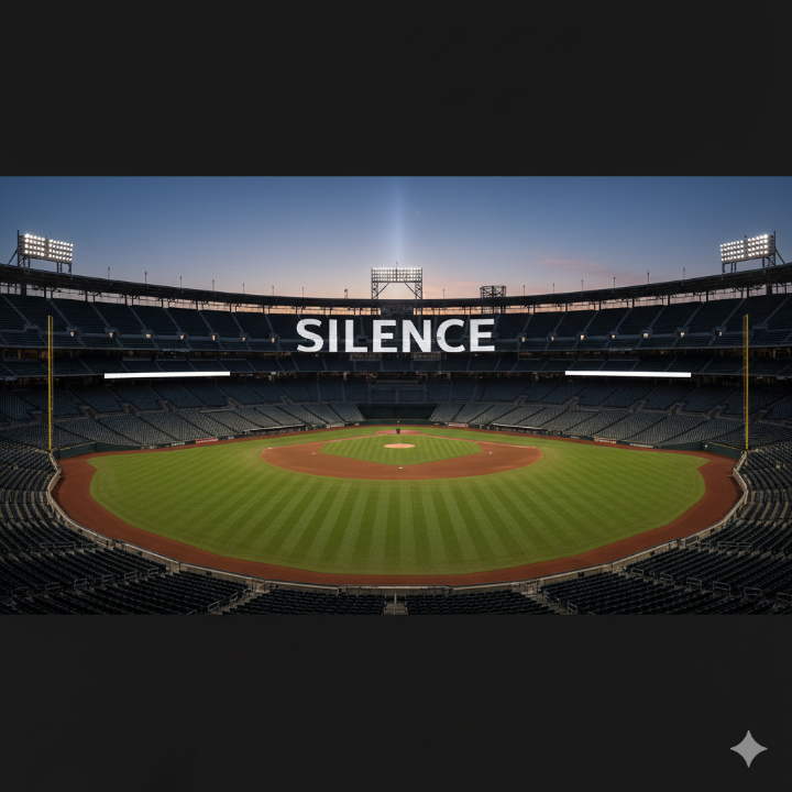 텅 빈 야구장 혹은 'Silence' 텍스트가 들어간 이미지