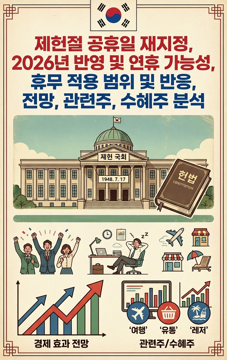 제헌절 공휴일 재지정, 2026년 반영 및 연휴 가능성, 휴무 적용 범위 및 반응, 전망, 관련주, 수혜주 분석