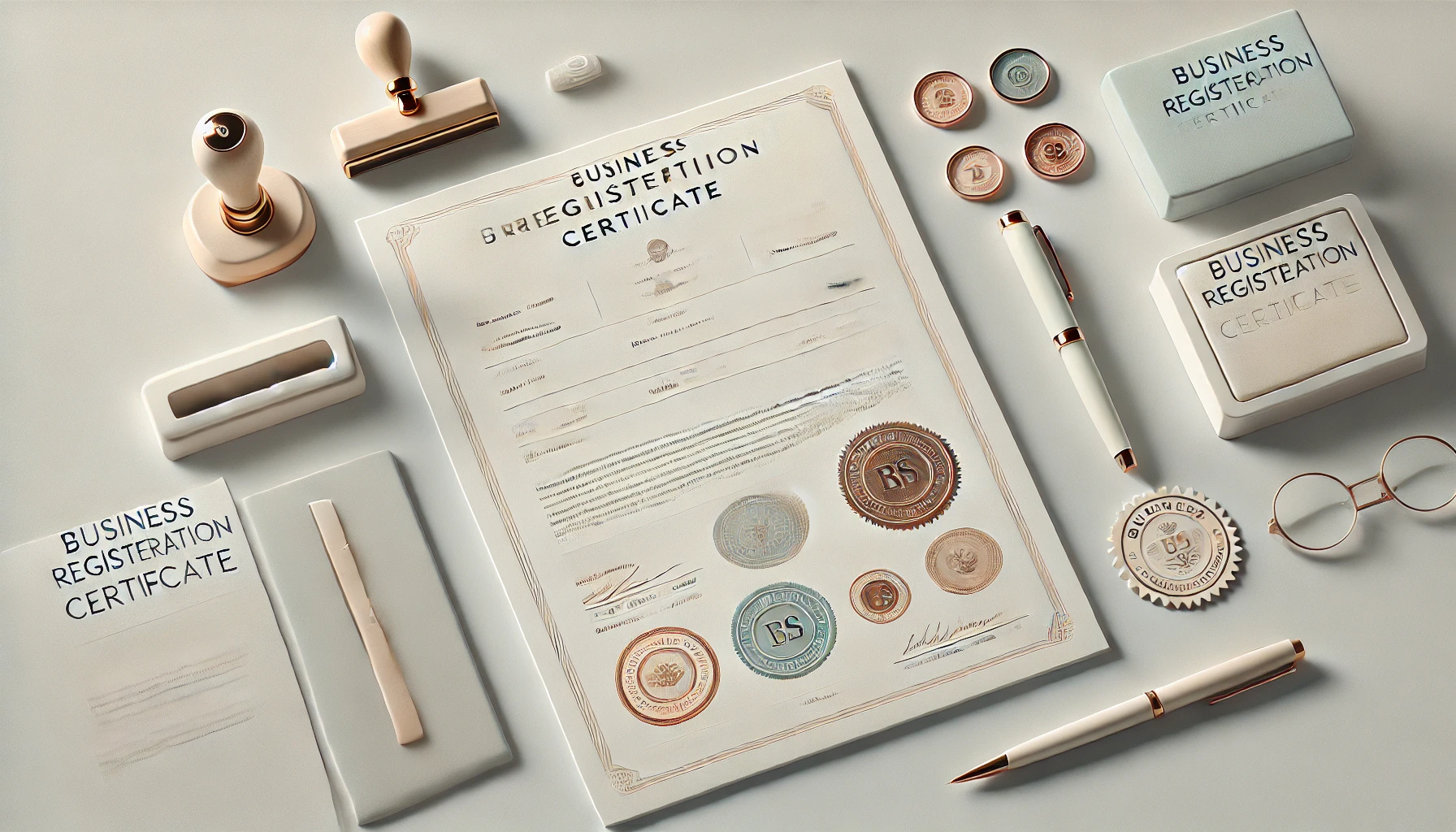 사업자 등록증을 표현한 깔끔하고 전문적인 이미지. 공식 문서와 도장, 서명 도구, 정돈된 책상 배치를 포함하며, 부드러운 색상과 흰색 배경을 사용해 전문성과 신뢰감을 전달