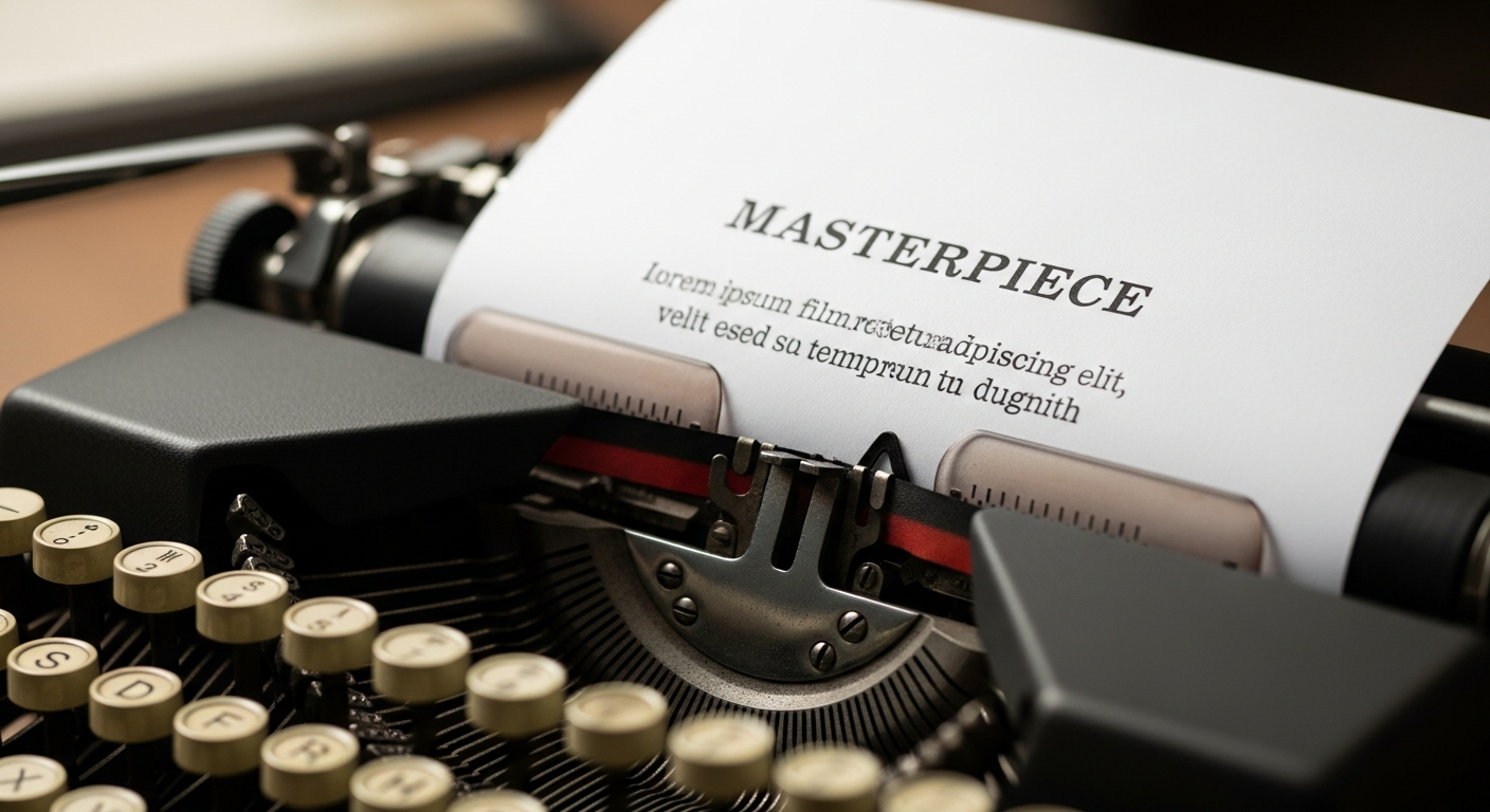 'Masterpiece'라고 적힌 영화 평론이 타자기에 끼워진 이미지