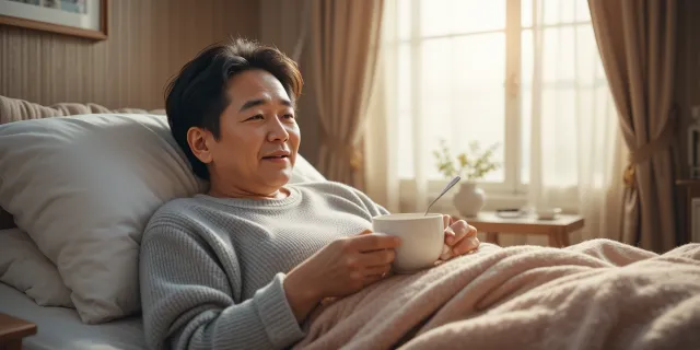 편안한 회복을 위해 부드러운 흰죽 한 그릇을 식탁 위에 올려둔 모습
