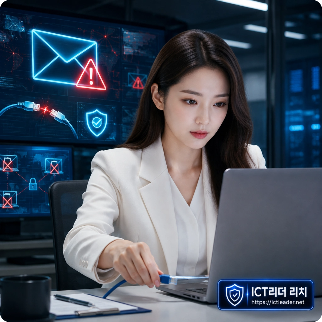 해킹메일 경고를 확인하고 노트북 네트워크 케이블을 분리하는 여성 보안전문가