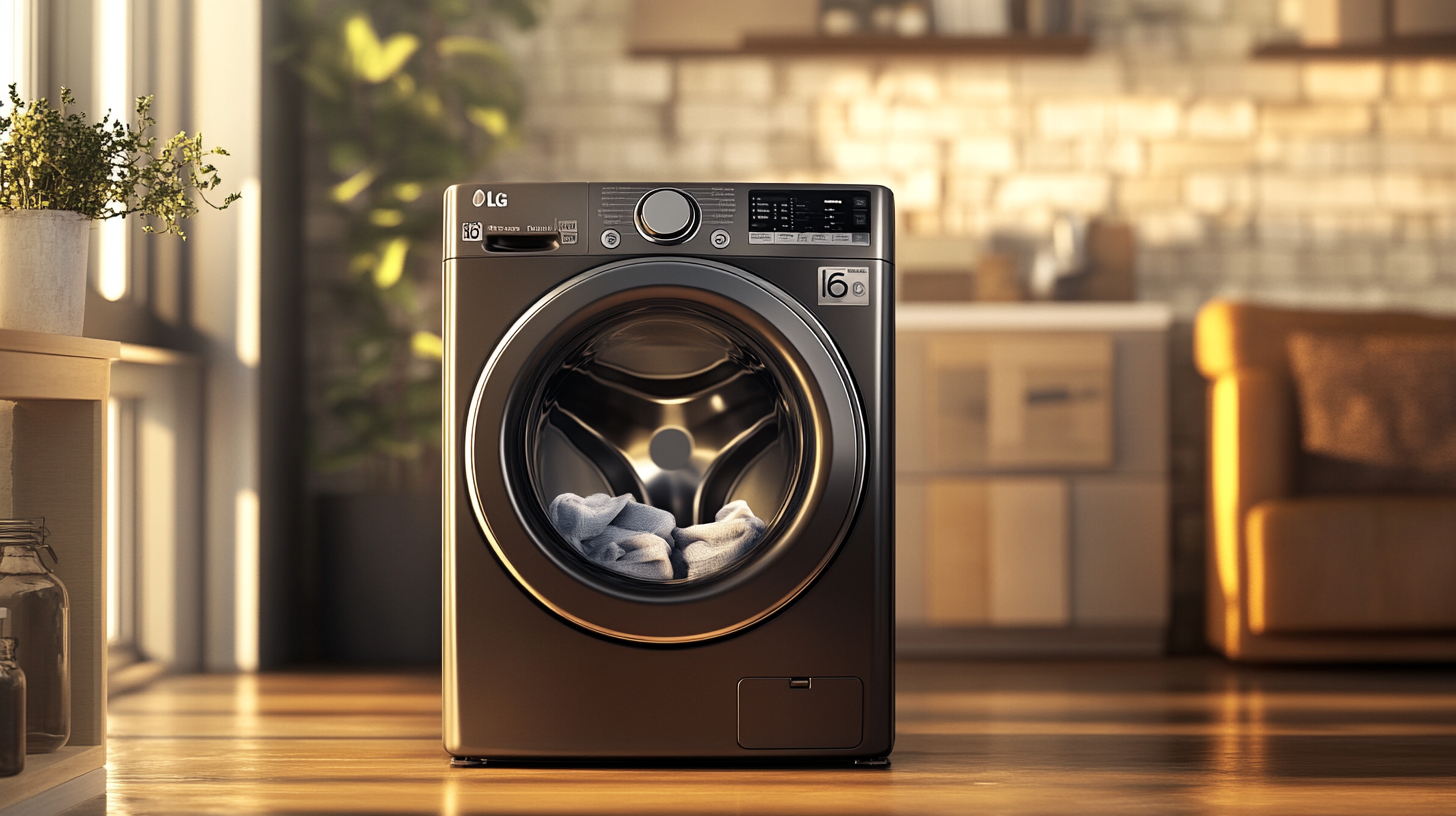 LG 세탁기의 트루스팀 및 6모션 기술이 작동하는 장면, 깔끔한 가정 환경과 따뜻한 조명 아래에서 촬영.