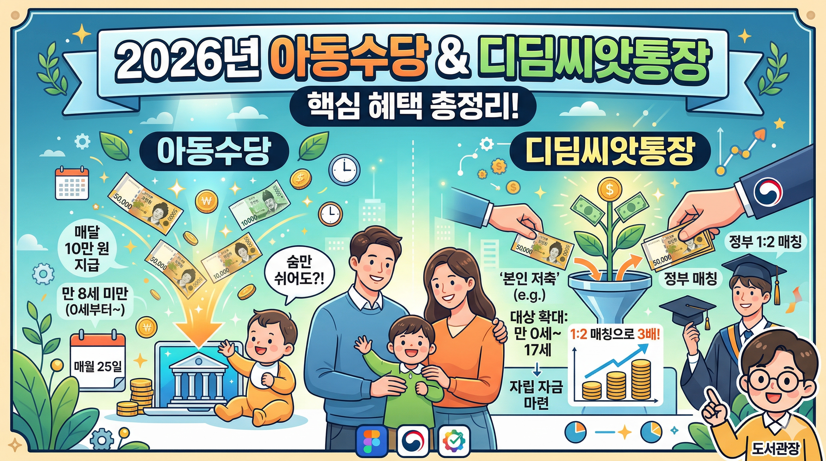 2026년 아동수당과 디딤씨앗통장 혜택을 한눈에 보여주는 밝은 분위기의 인포그래픽 썸네일입니다. 중앙의 행복한 가족 일러스트를 중심으로, 왼쪽에는 매달 10만 원이 지급되는 아동수당의 조건과 지급일 정보가, 오른쪽에는 정부의 1:2 매칭으로 자산이 3배 불어나는 디딤씨앗통장의 원리가 시각화되어 있습니다. 하단에는 가이드 '도서관장' 캐릭터가 핵심 정보를 친절하게 설명하는 구성입니다.