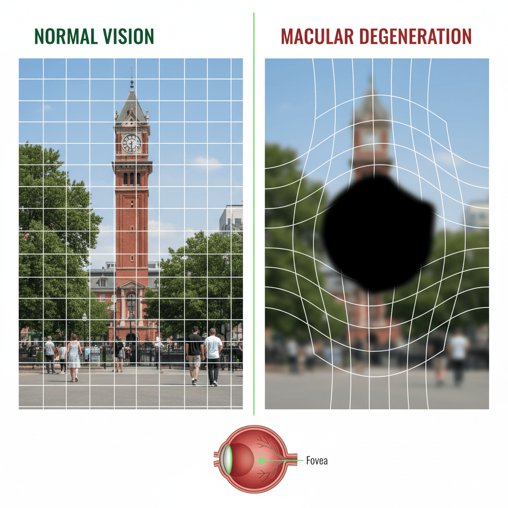 황반변성이 진행되어 중심이 검거나 사물이 휘어져보임