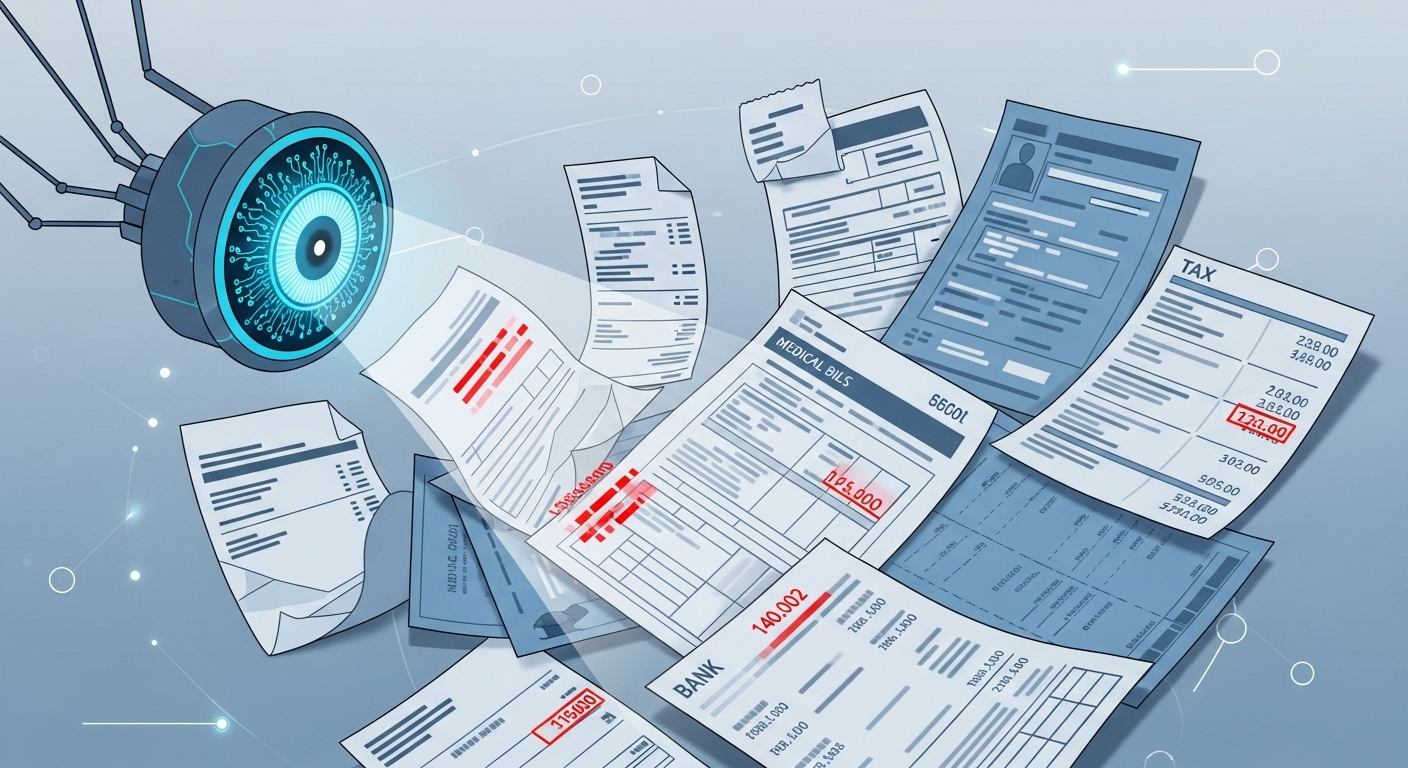 국세청의 정교한 데이터 분석으로 과다공제 가능성이 있는 세금 서류들을 검토하는 모습