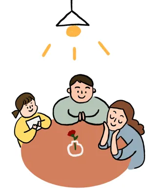 3인 가족이 식탁에 모여 대화