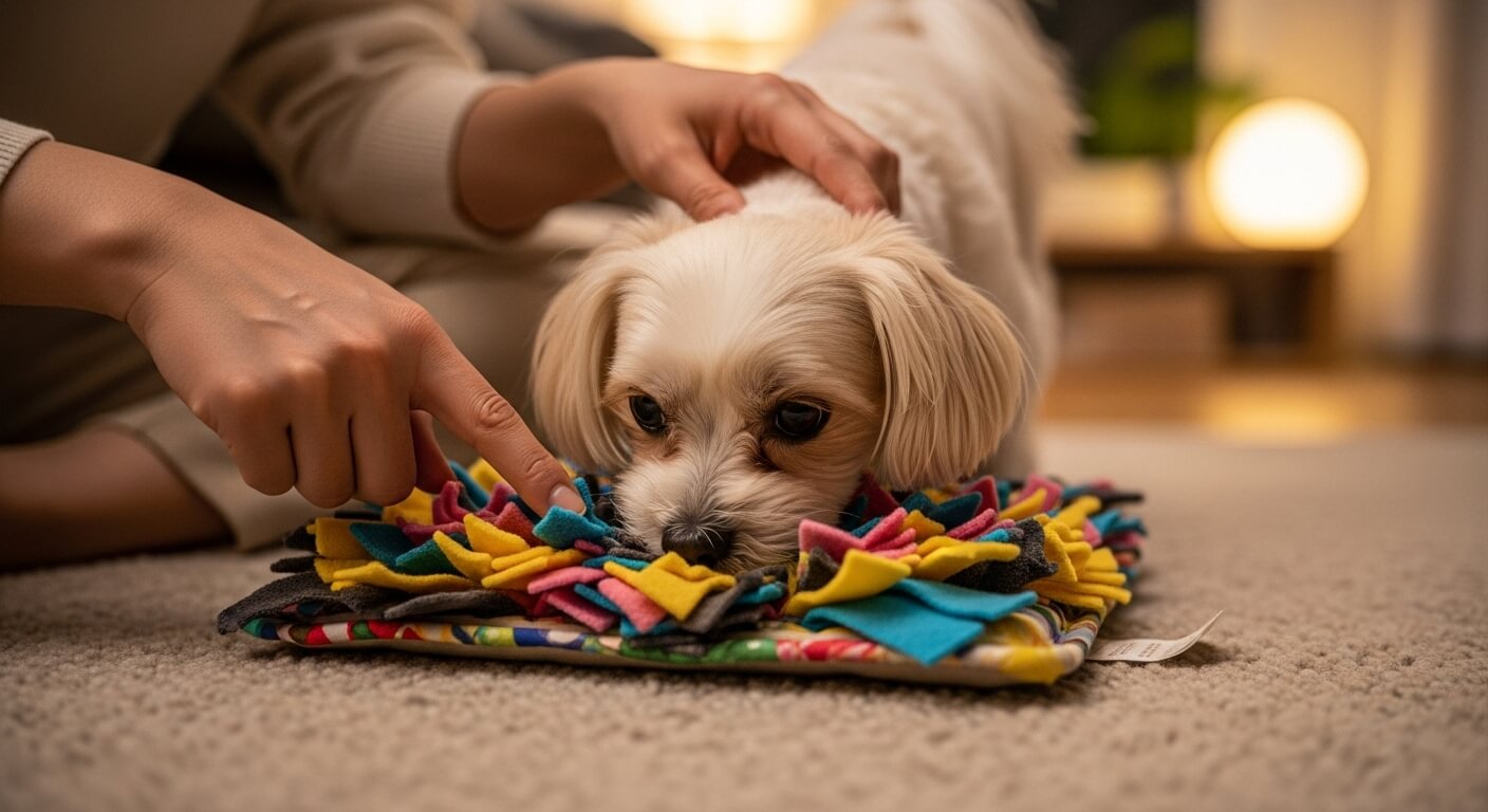 따뜻한 실내에서 반려견이 주인의 손길에 맞춰 노즈워크 담요에서 간식을 찾아 먹는 모습