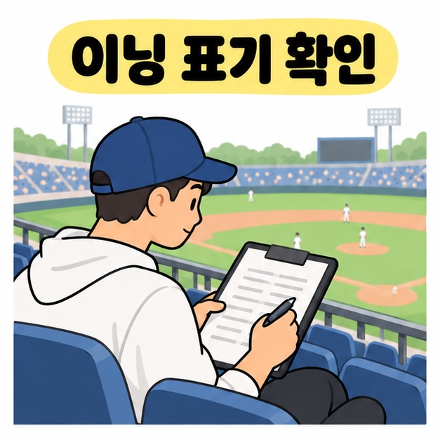 야구장 관람석에 앉은 남성이 클립보드의 기록지를 펜으로 짚으며 이닝 표기를 확인하는 모습