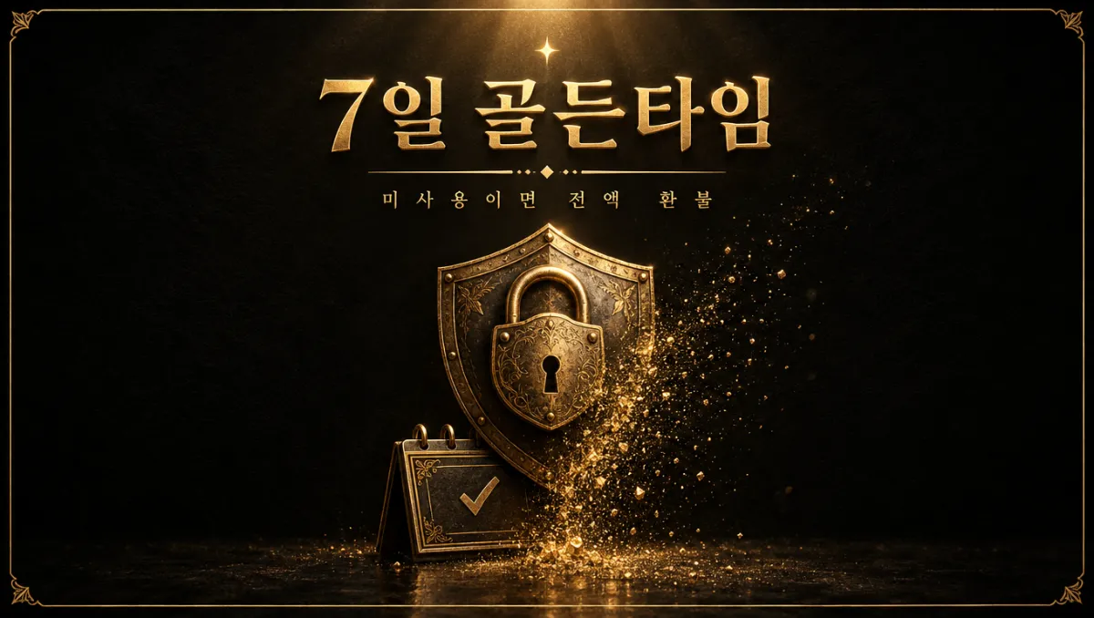 금빛 모서리 테두리가 있는 검은 배경 중앙에 빈티지 황동 방패와 자물쇠, 체크 표시가 된 작은 달력이 놓이고 오른쪽으로 금가루가 흩날리며, 상단에 "7일 골든타임"과 "미사용이면 전액 환불" 금박 한글이 새겨진 이미지