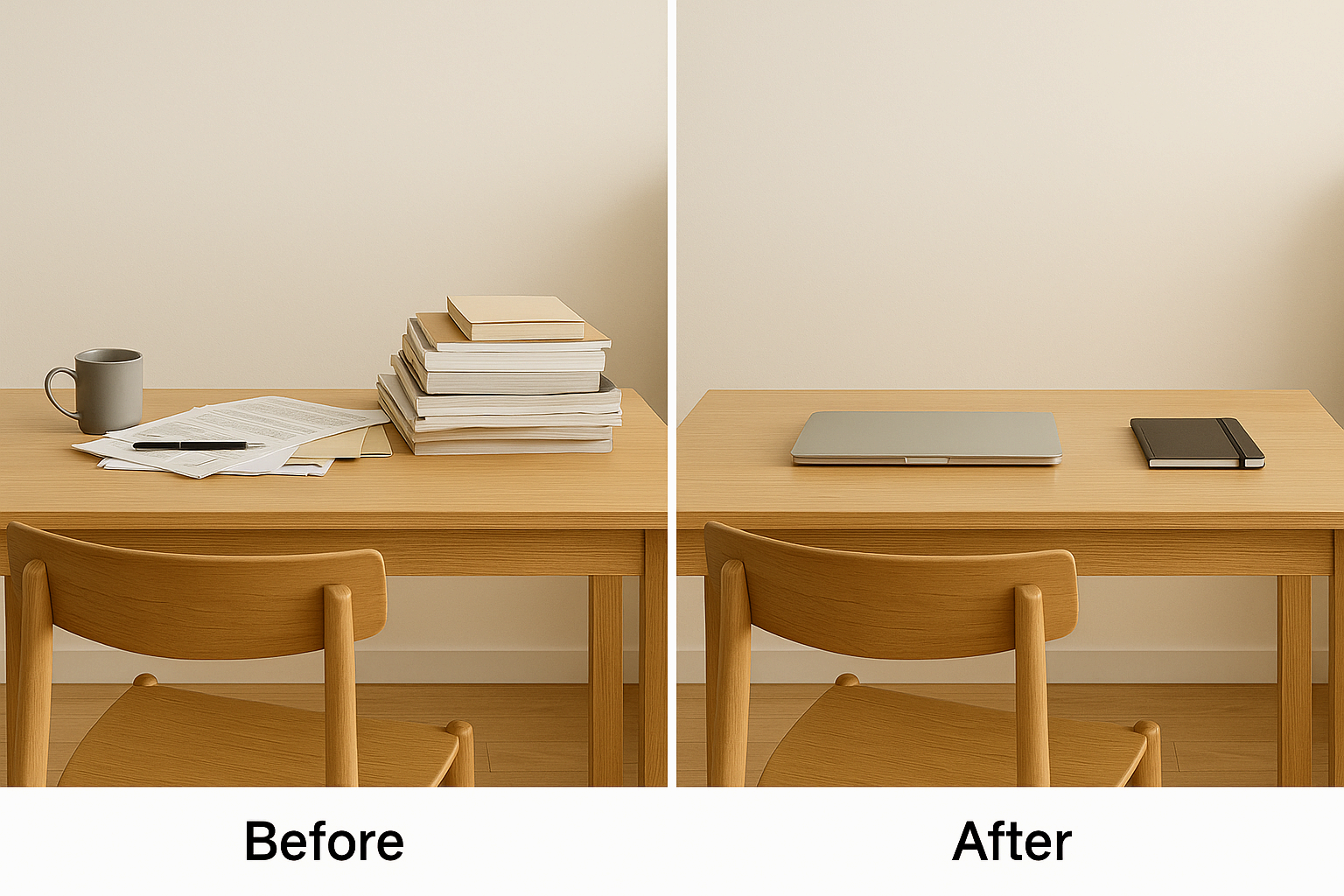 정리 전 어수선한 책상과 정리 후 깔끔한 책상의 비교